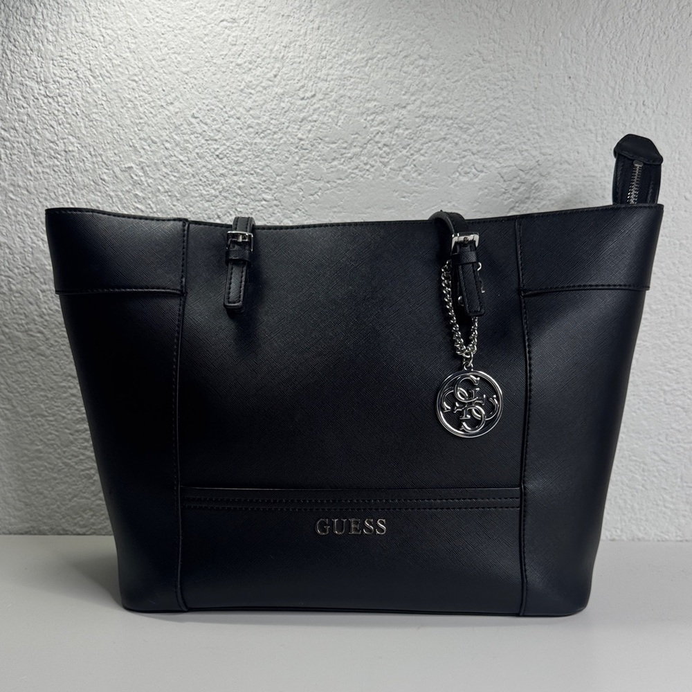 GUESS Black Leather Tote with Silver Charm